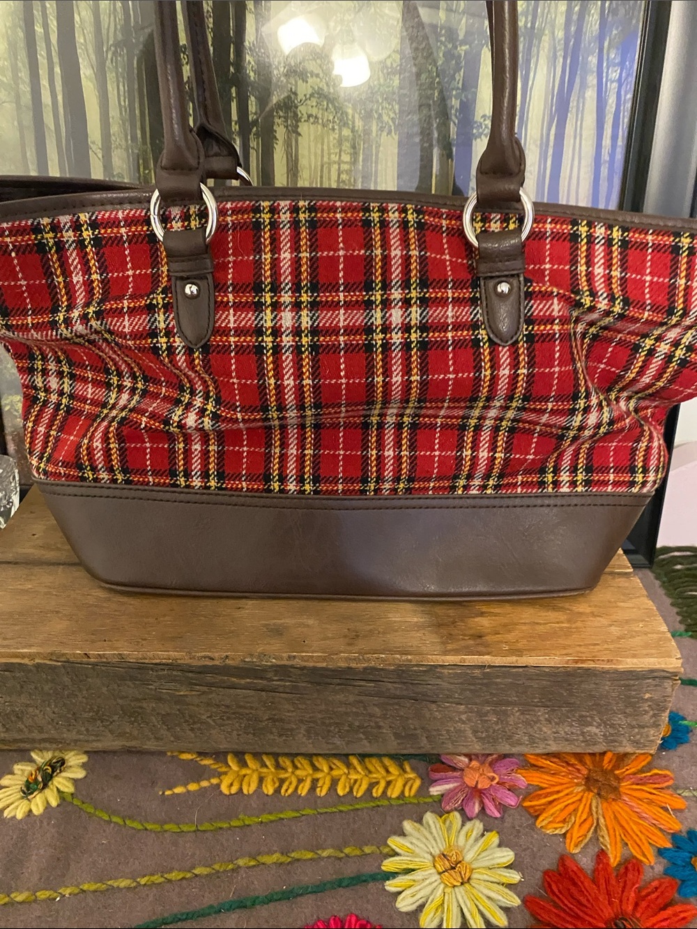 Bass Red Plaid Shoulder Tote with Brown Trim, like new